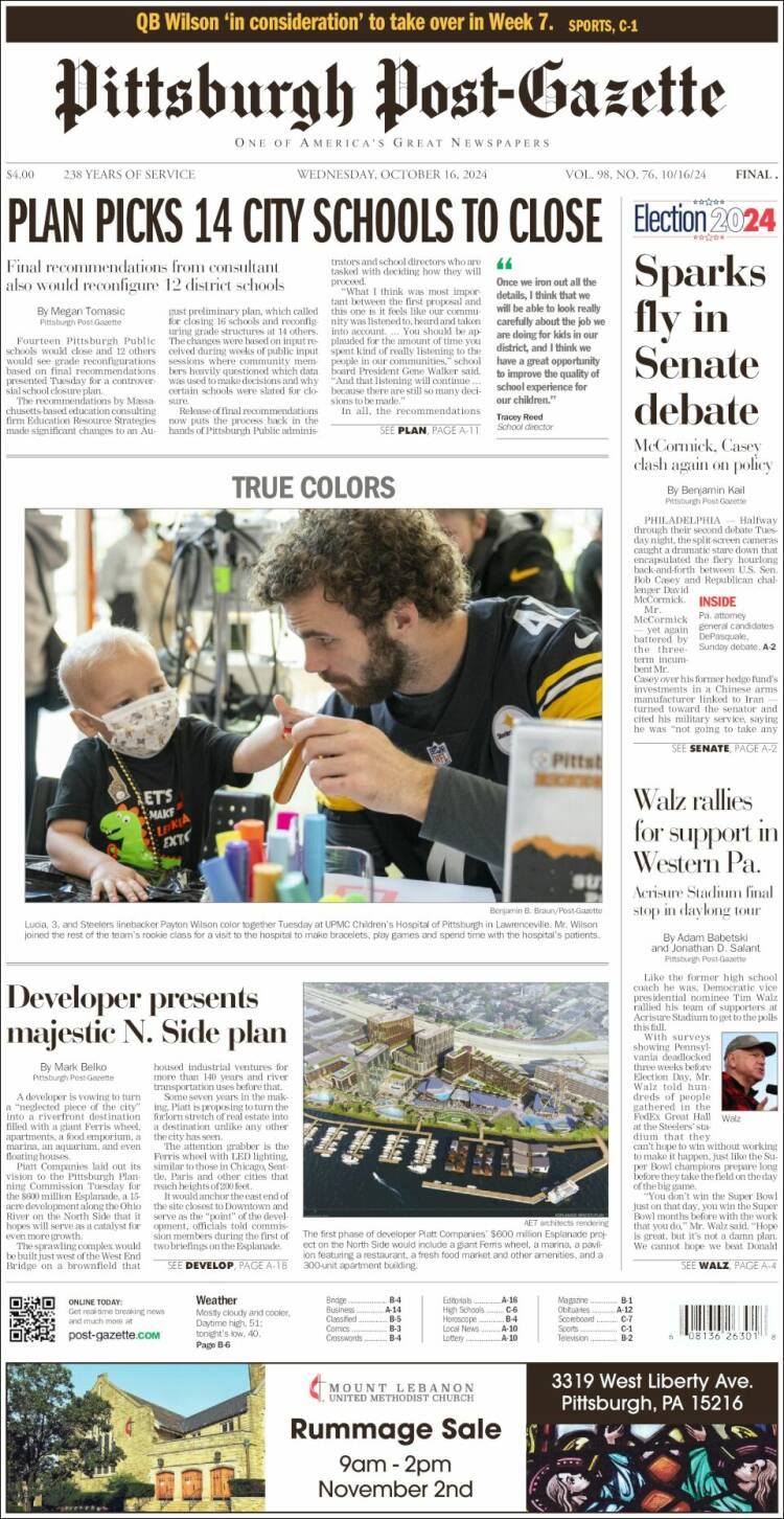 Portada de Pittsburgh Post-Gazette (USA)