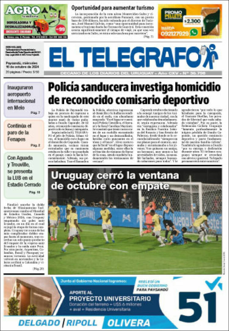 Portada de El Telégrafo (Uruguay)