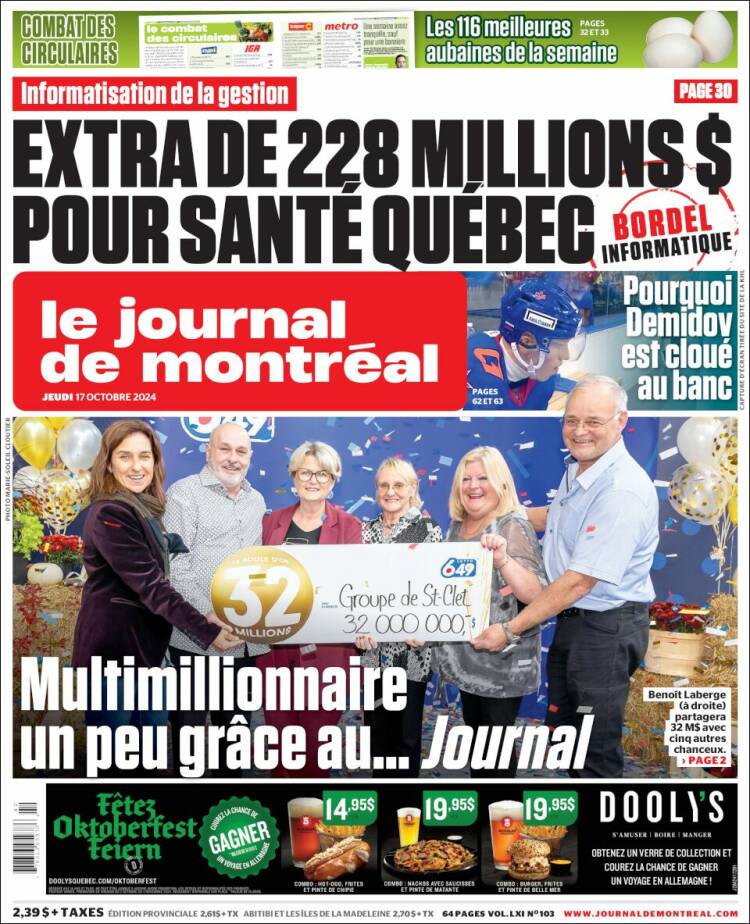 Portada de Le Journal de Montréal (Canadá)