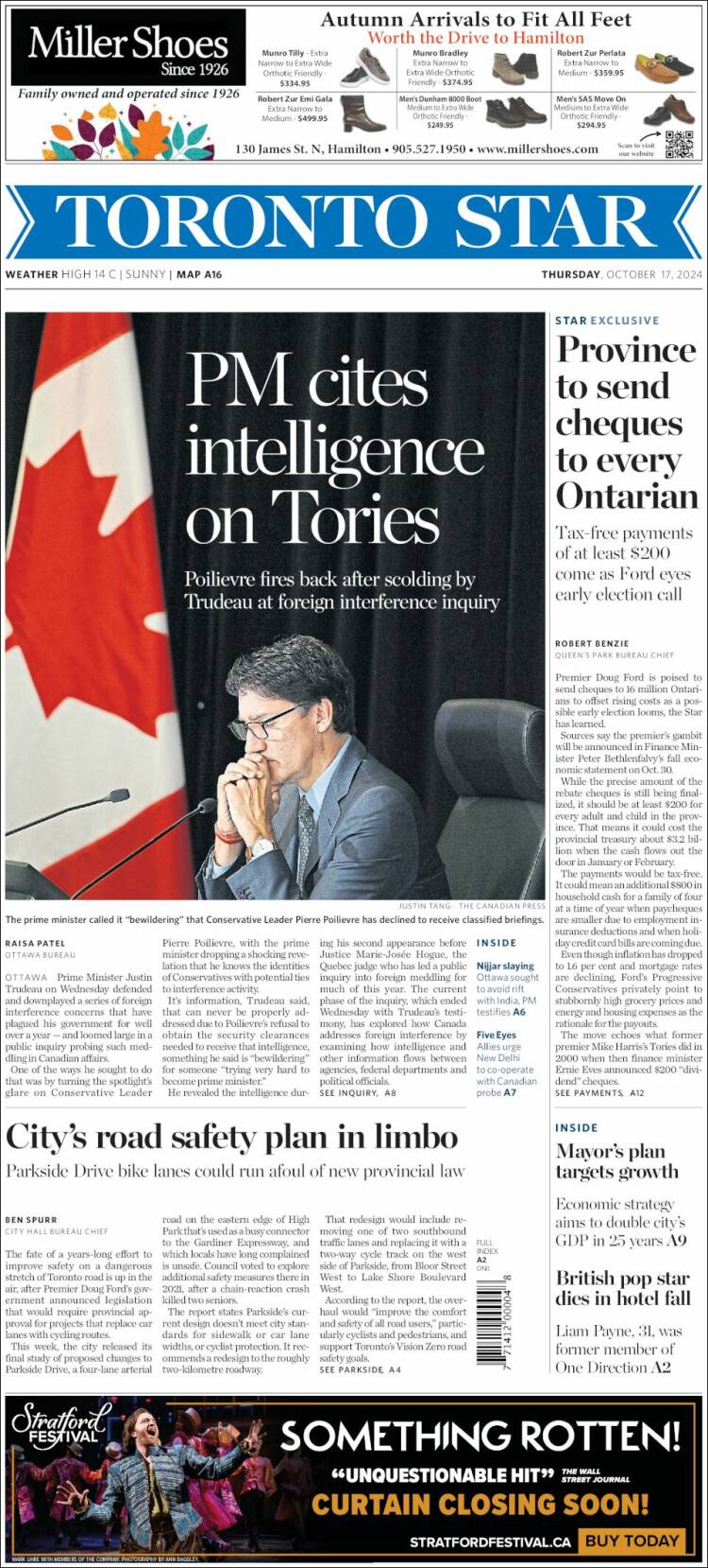 Portada de The Toronto Star (Canadá)