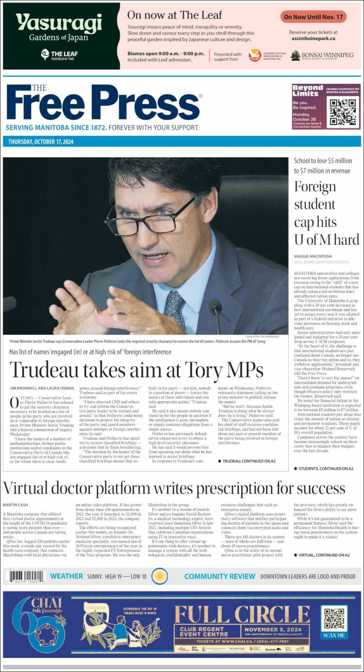 Portada de Winnipeg Free Press (Canadá)