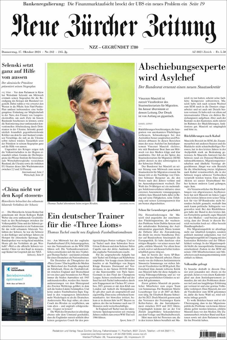 Portada de Neue Zürcher Zeitung (Suiza)