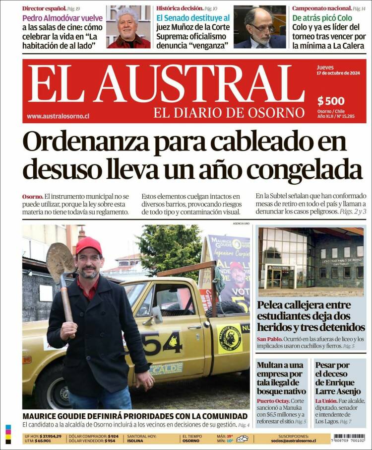 Portada de El Austral de Osorno (Chile)