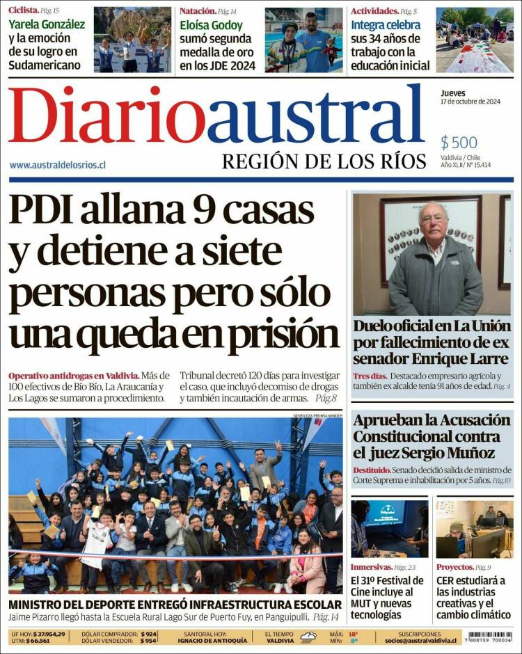 Portada de El Diario Austral de Valdivia (Chile)