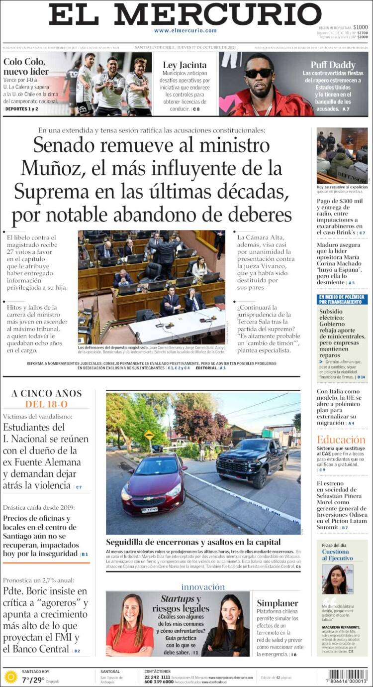 Portada de El Mercurio (Chile)