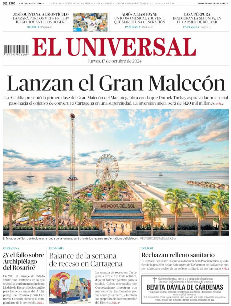 Portada de El Universal (Colombia)