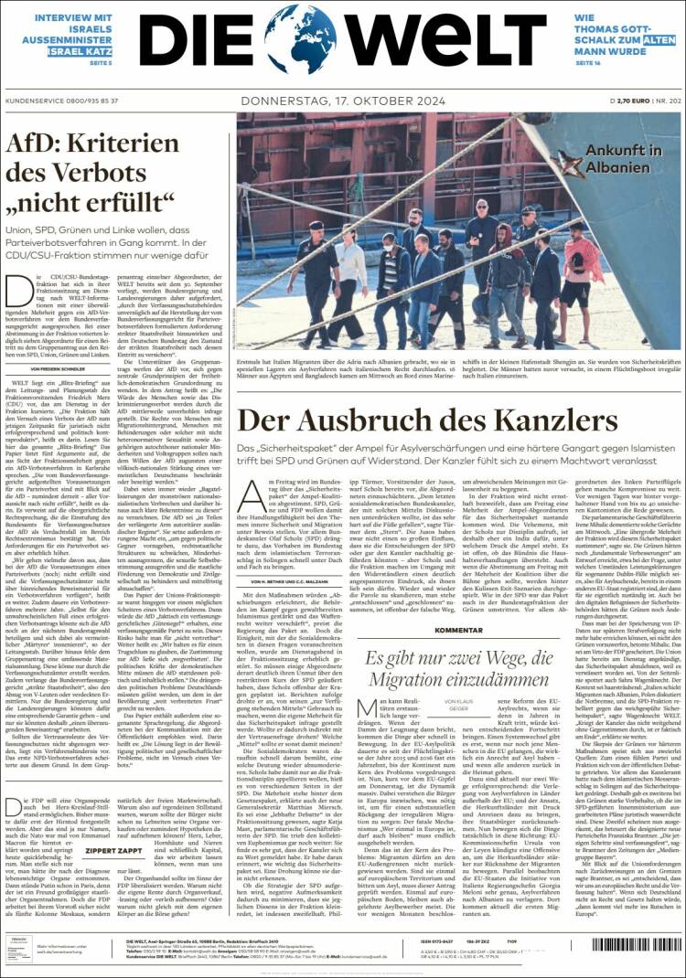 Portada de Die Welt (Alemania)