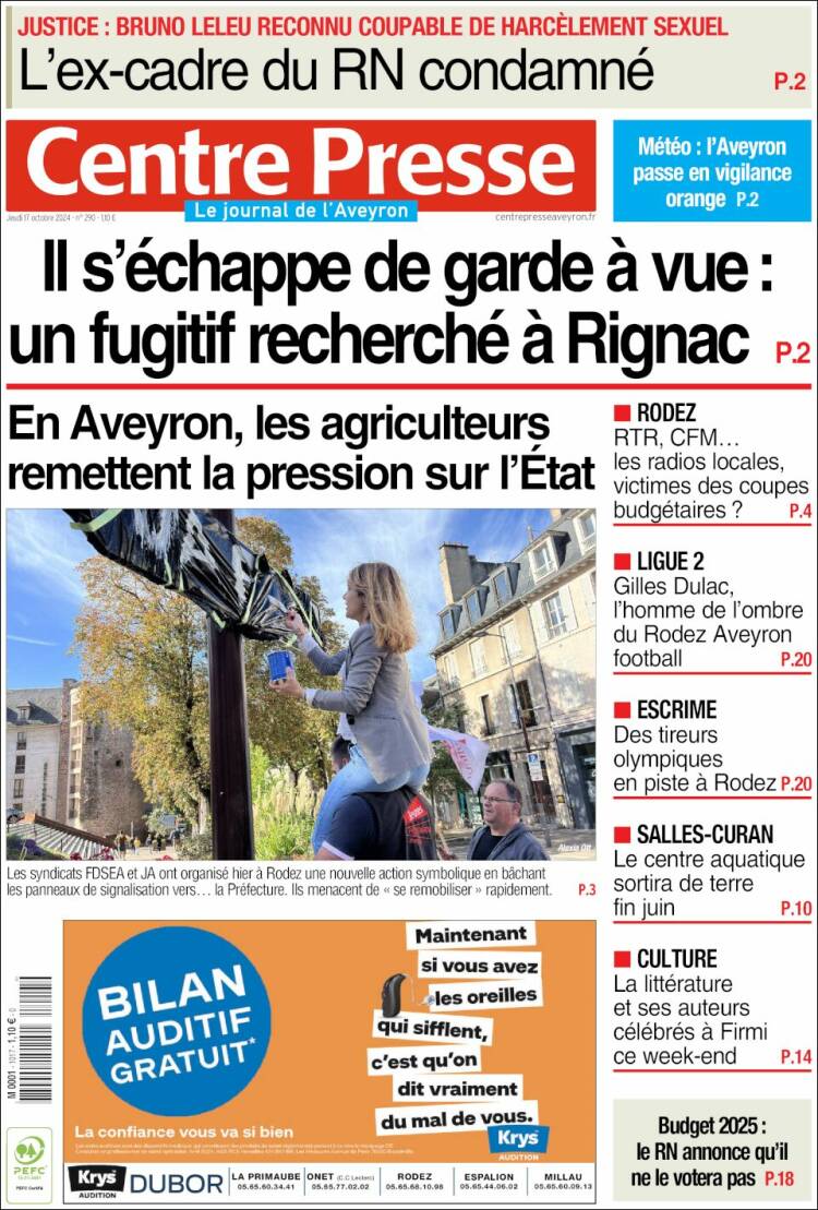 Portada de Centre Presse (Francia)