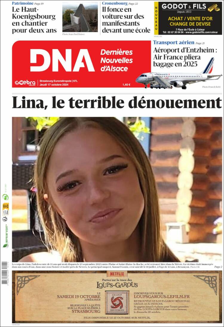 Portada de Les Dernières Nouvelles d'Alsace (Francia)