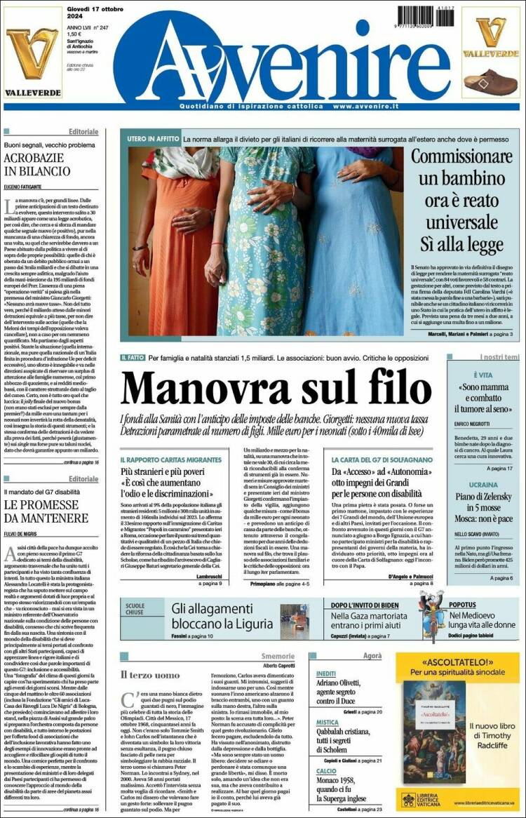 Portada de Avvenire (Italia)