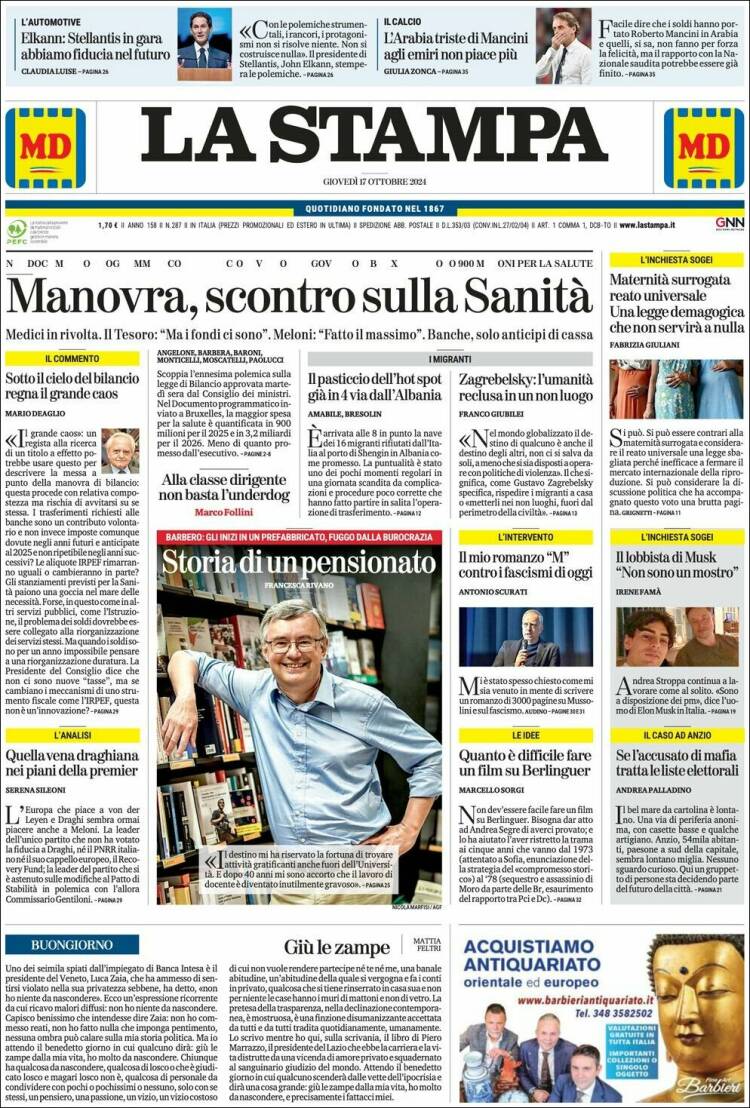 Portada de La Stampa (Italia)