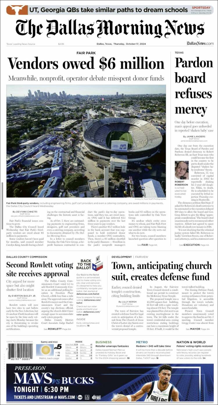 Portada de Dallas Morning News (USA)