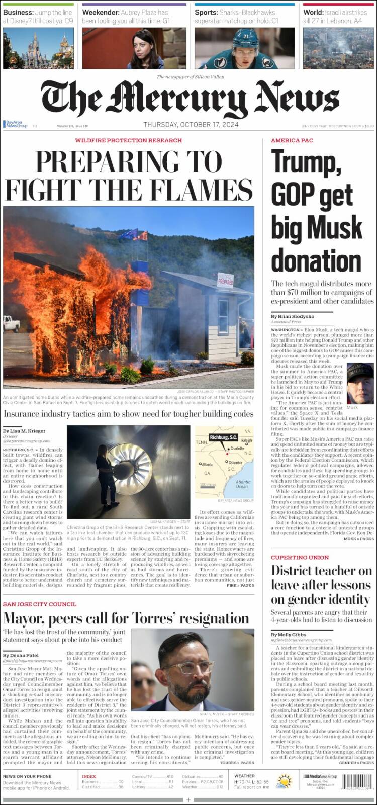 Portada de San Jose Mercury News (USA)