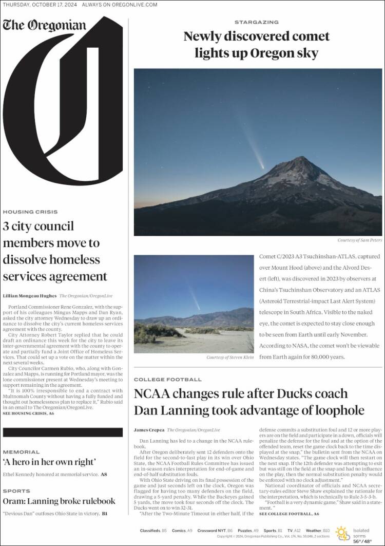 Portada de The Oregonian (USA)