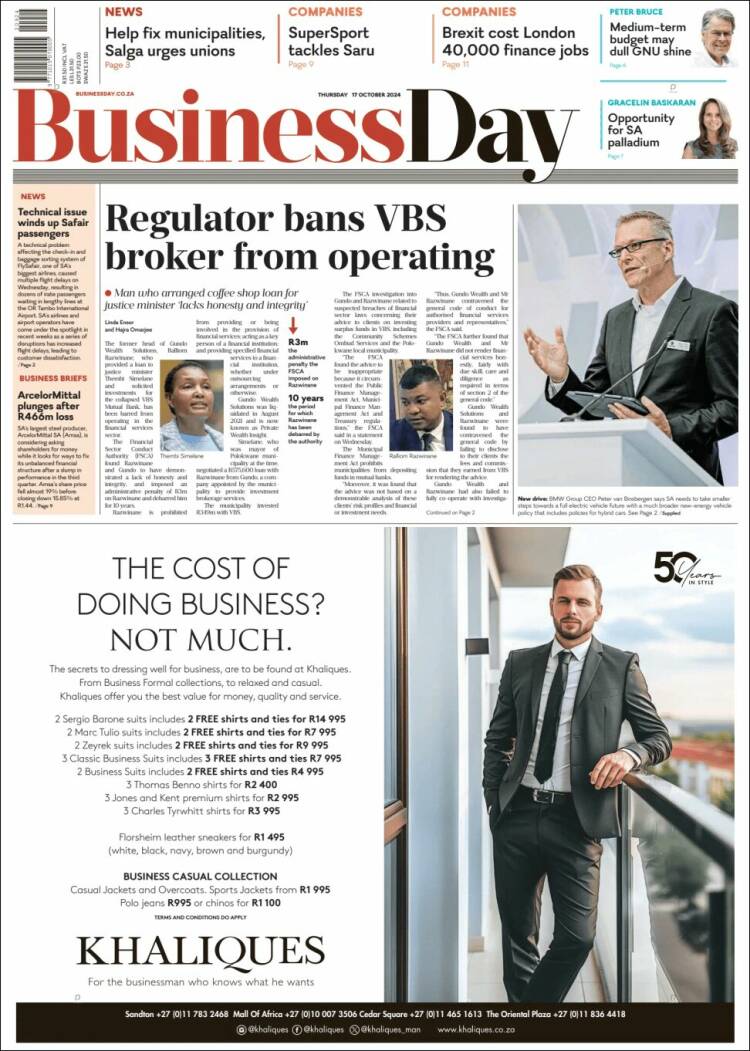 Portada de Business Day (Sudáfrica)