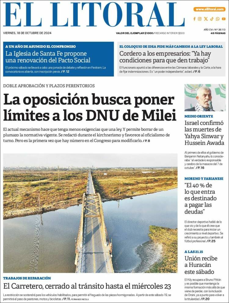 Portada de Diario El Litoral (Argentina)