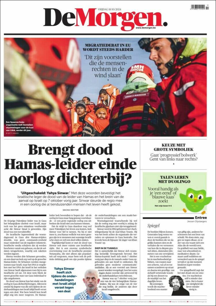 Portada de De Morgen (Bélgica)