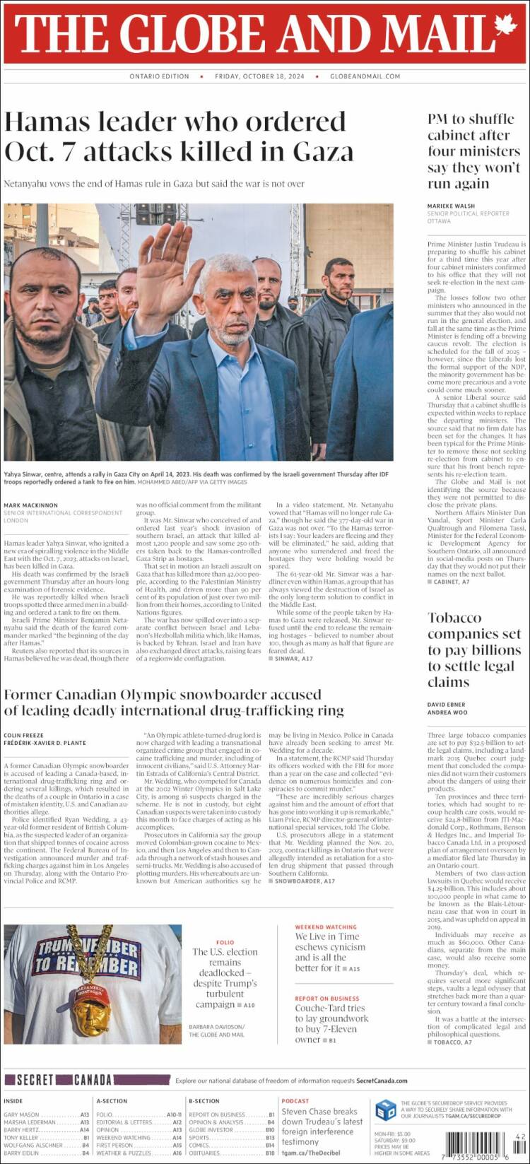 Portada de The Globe and Mail (Canadá)