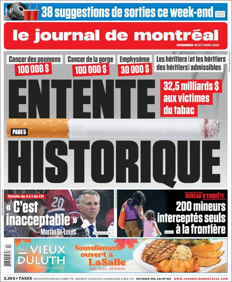 Portada de Le Journal de Montréal (Canadá)