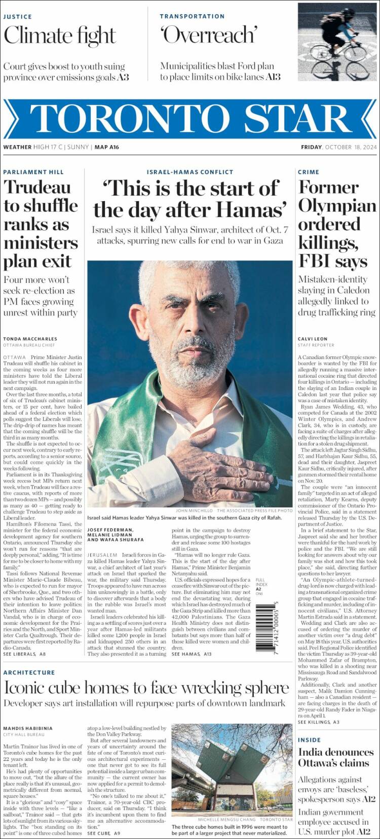 Portada de The Toronto Star (Canadá)