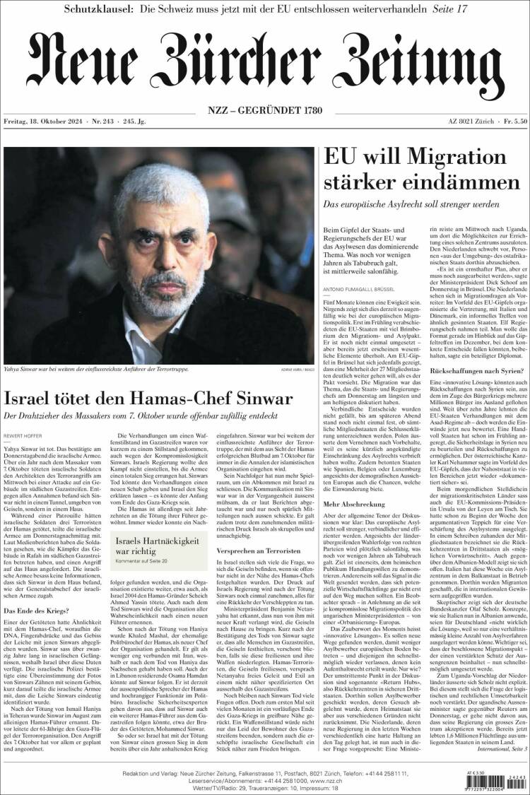 Portada de Neue Zürcher Zeitung (Suiza)