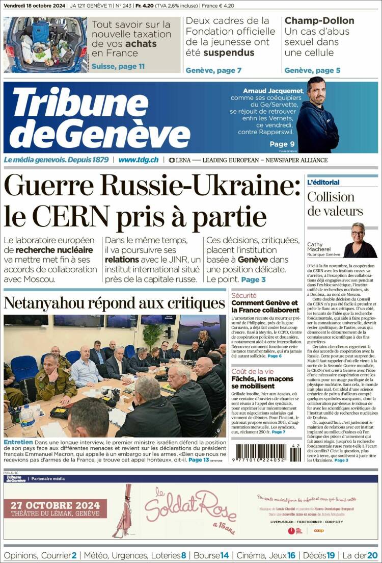 Portada de La Tribune de Genève (Suiza)