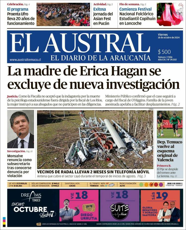 Portada de El Austral de Temuco (Chile)