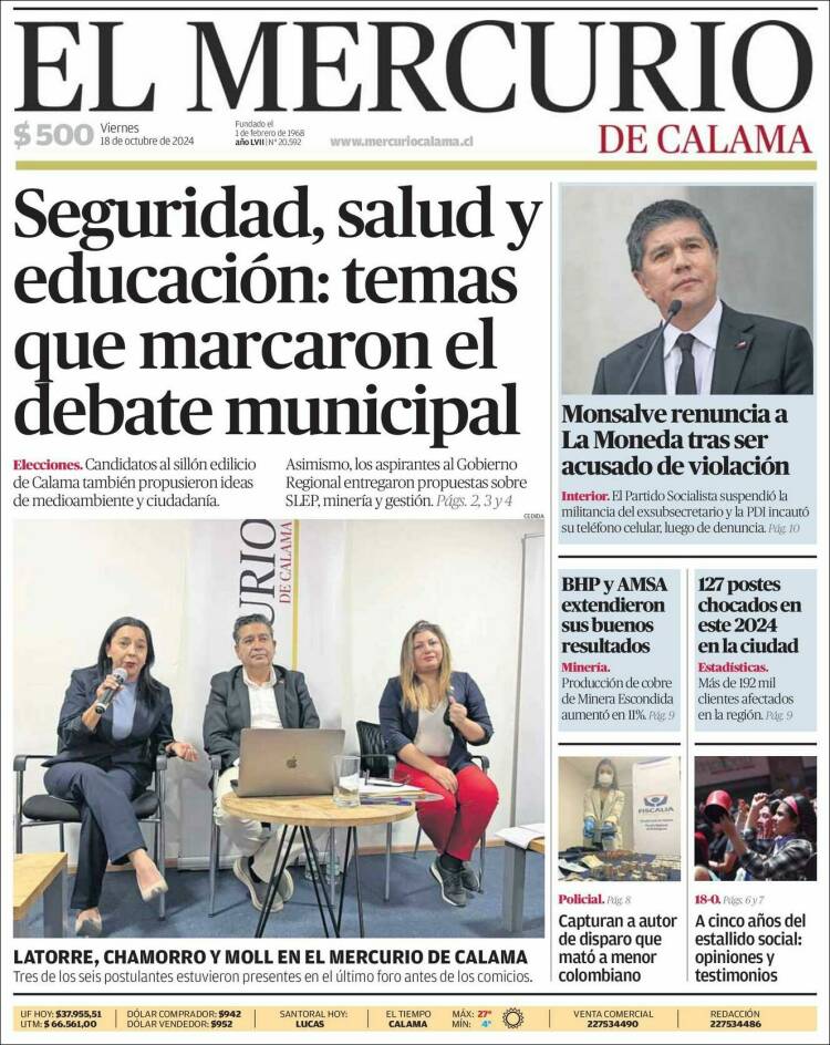 Portada de El Mercurio - Calama (Chile)