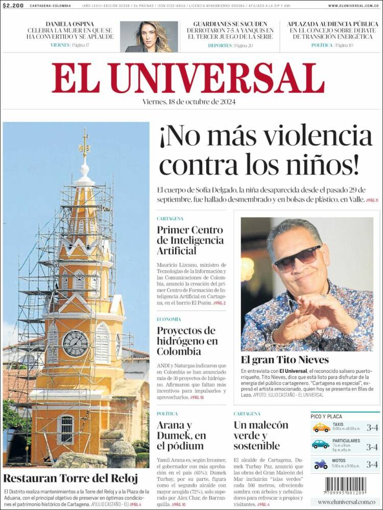 Portada de El Universal (Colombia)