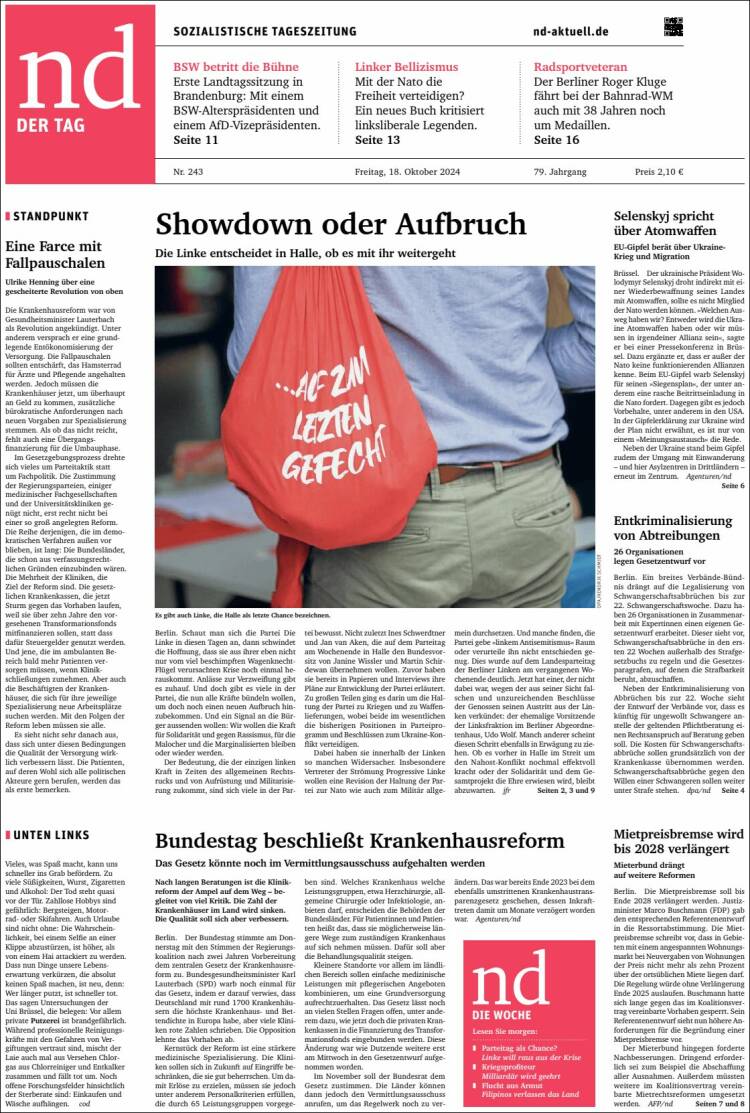 Portada de Neues Deutschland (Alemania)