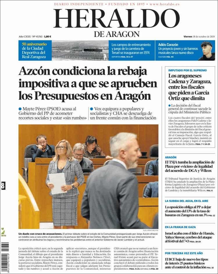 Portada de Heraldo de Aragón (España)