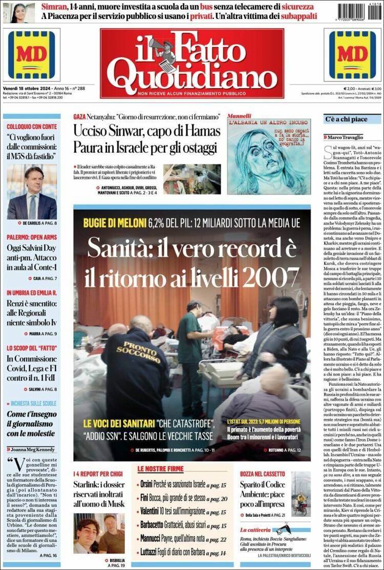 Portada de Il Fatto Quotidiano (Italia)