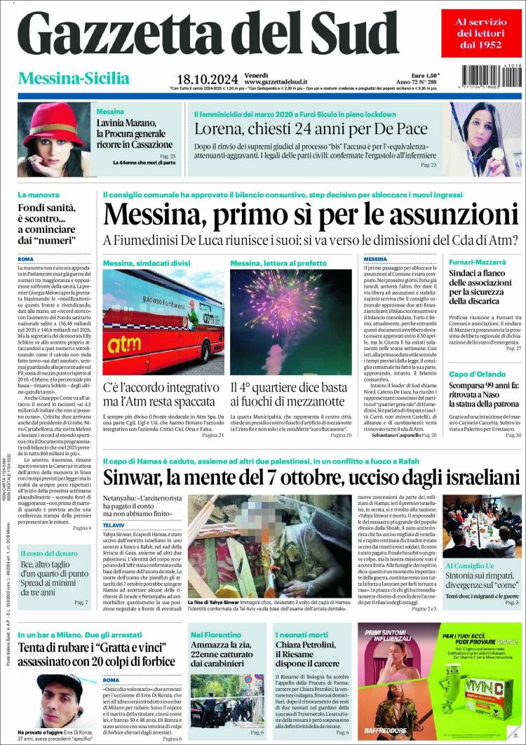 Portada de Gazzetta del Sud (Italia)