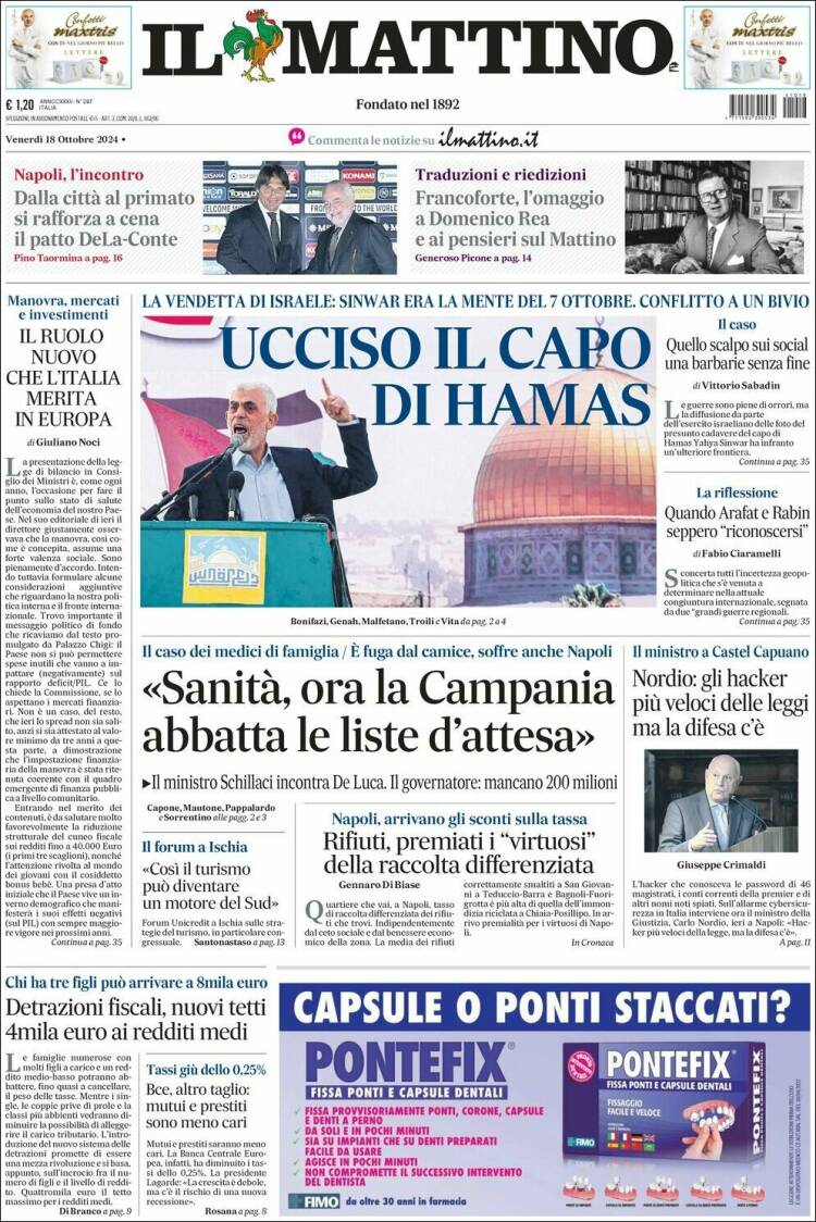 Portada de Il Mattino (Italia)