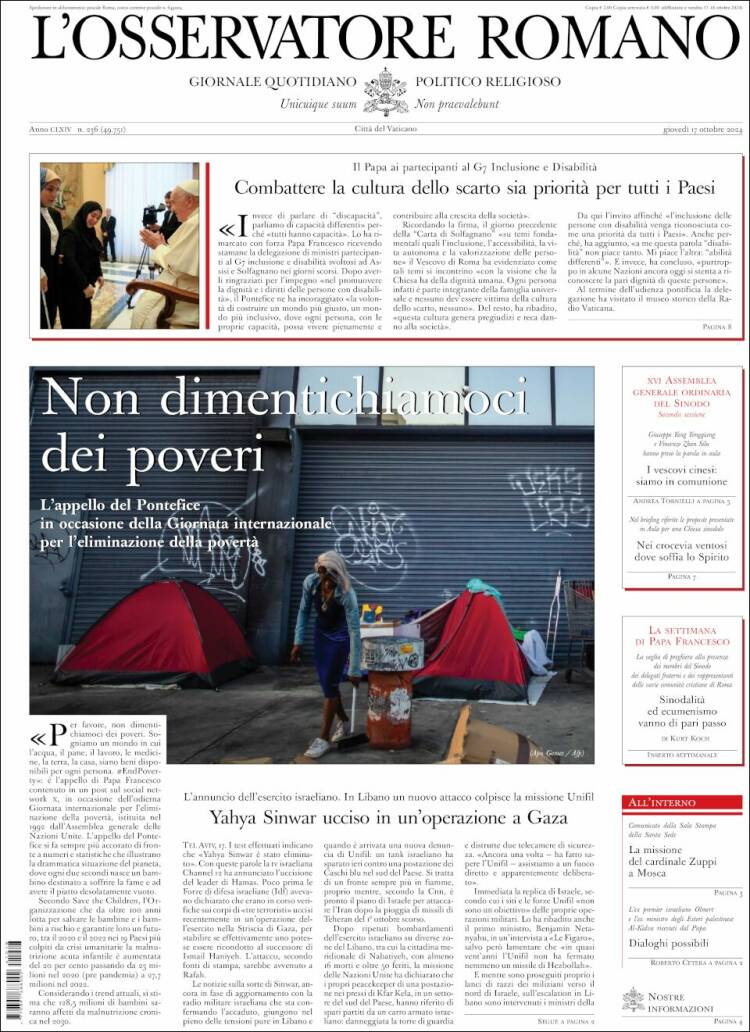 Portada de L'Osservatore Romano (Italia)