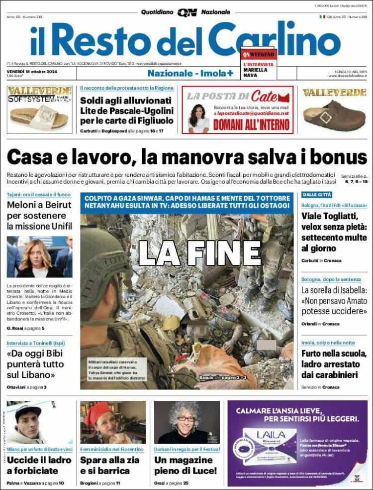 Portada de Il Resto del Carlino (Italia)