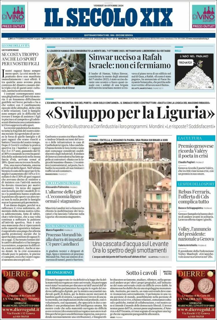 Portada de Il Secolo XIX (Italia)