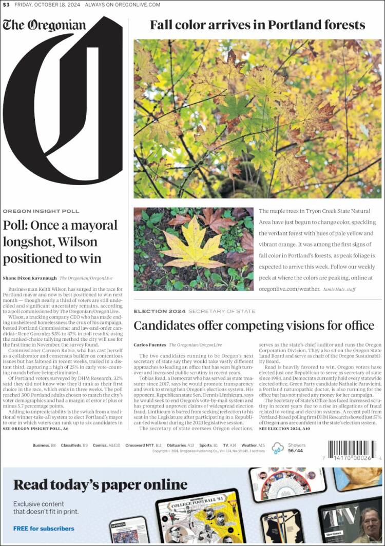 Portada de The Oregonian (USA)