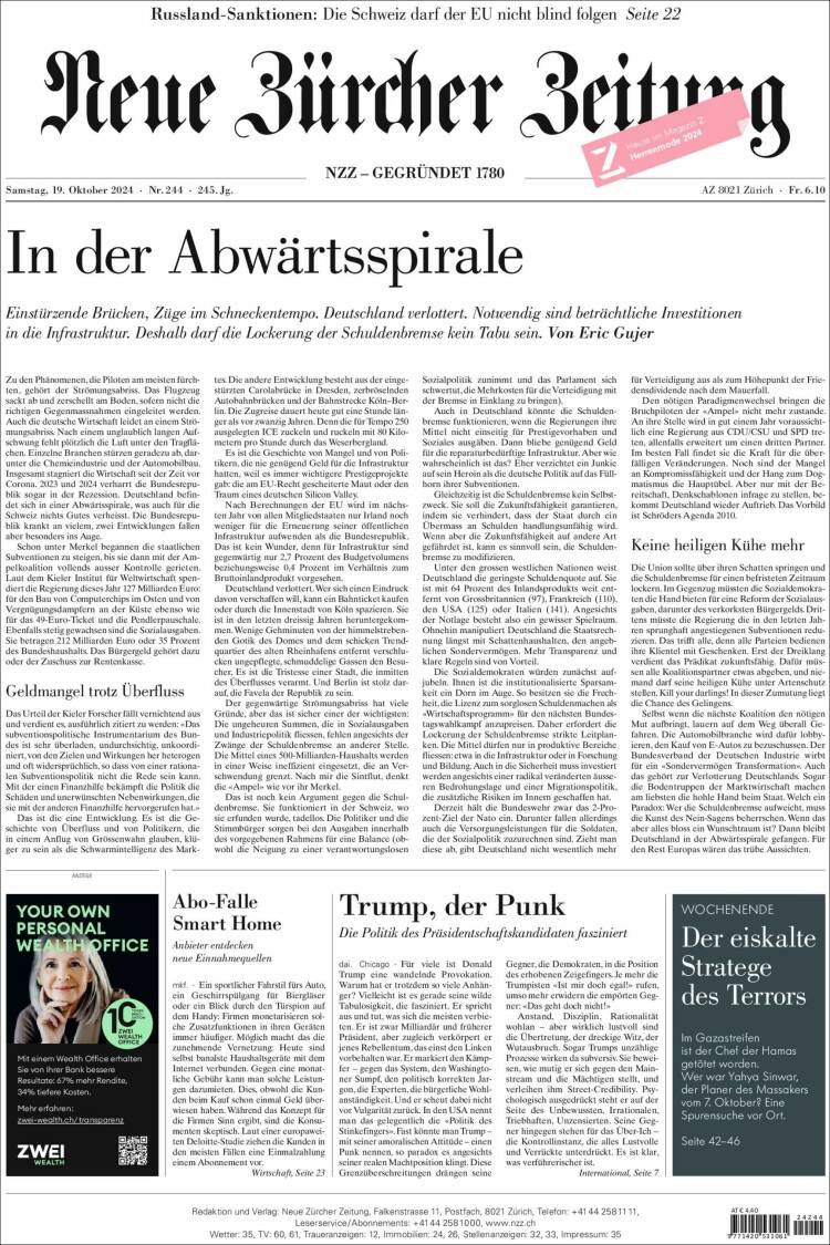 Portada de Neue Zürcher Zeitung (Suiza)