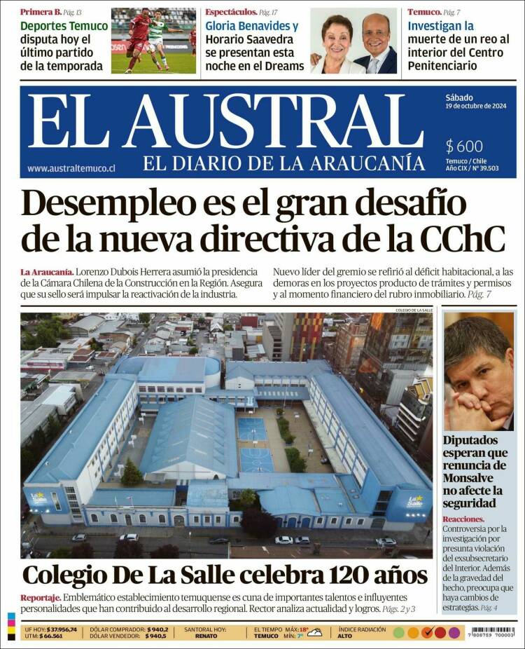 Portada de El Austral de Temuco (Chile)