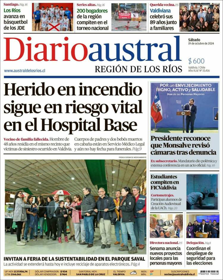 Portada de El Diario Austral de Valdivia (Chile)