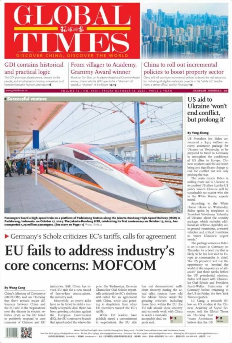 Portada de The Global Times (China)