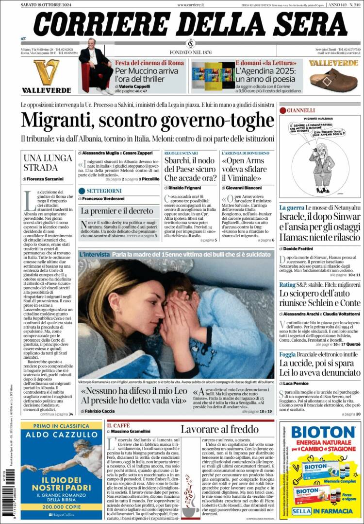 Portada de Corriere della Sera (Italia)