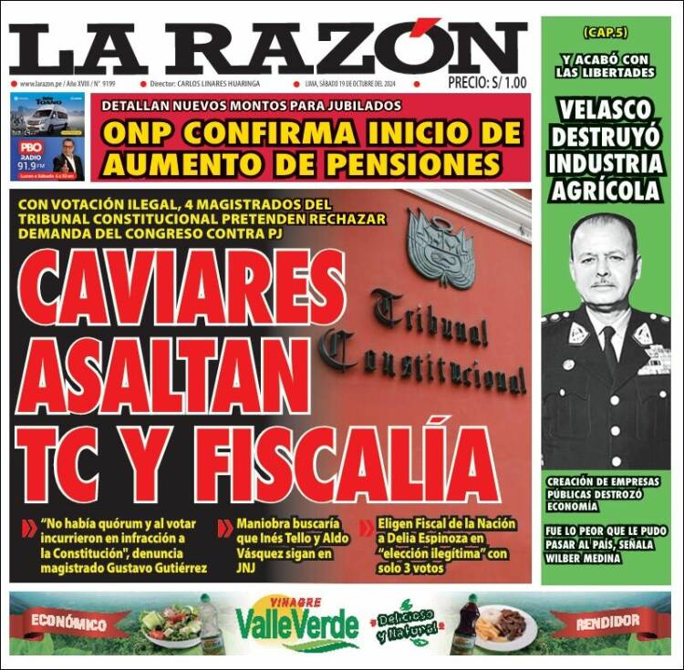 Portada de La Razón (Per&uacute;)