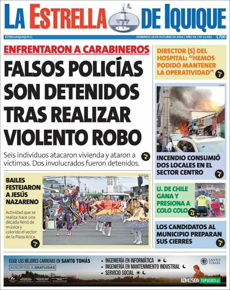 Portada de La Estrella de Iquique (Chile)