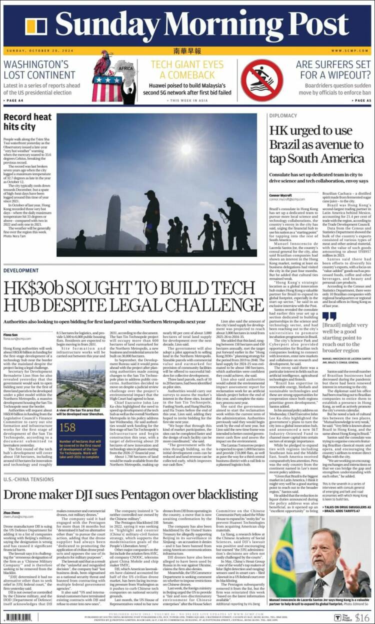 Portada de South China Morning Post (China)