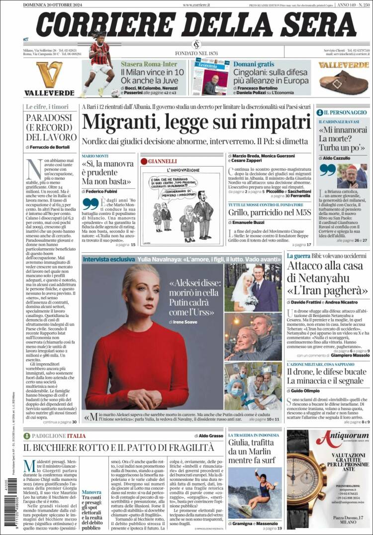 Portada de Corriere della Sera (Italia)