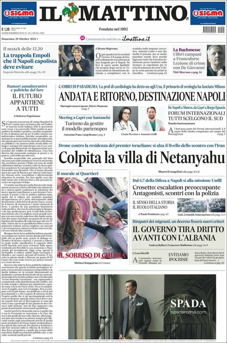 Portada de Il Mattino (Italia)