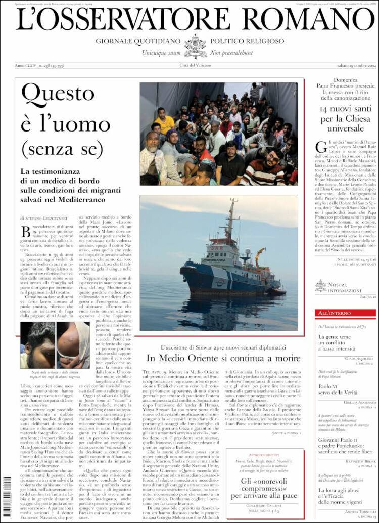 Portada de L'Osservatore Romano (Italia)