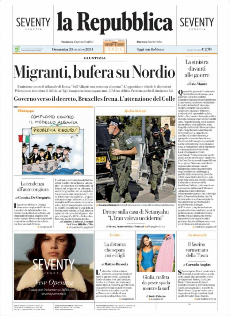 Portada de La Repubblica (Italia)